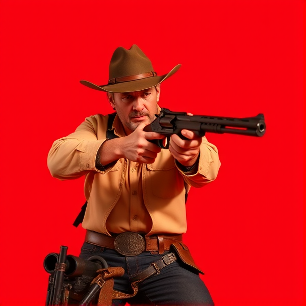 Red background with a cowboy shooting