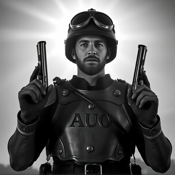 Ned Kelly with helmet, grey scale image, holding a pistol in each hand. "AUO" engraved on the metal armour chest piece.