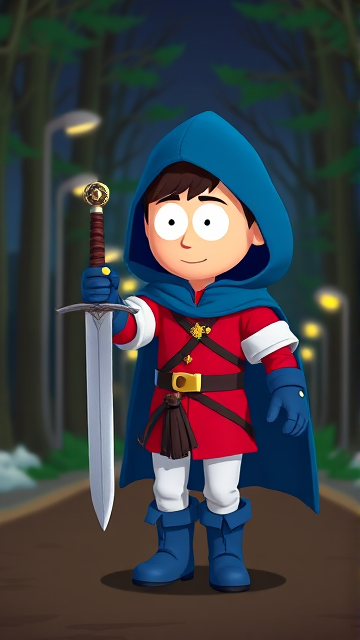 Clyde Donovan from South Park, light skin and brown hair, but as a 14-Year Old, dressed as a medieval prince with a red shirt with white sleeves, a black belt with a gold buckle, white pants, blue boots, blue long-cuffed gloves, and wreathed in a big blue hooded cape, now known as Prince Donovan. Despite still being a kid, he is the Youngest Ruler of South Park, Colorado, but now reborn as the real life Kingdom of Kupa Keep, Zaron, and Prince Donovan is its youngest and greatest hero. His weapon is the legendary enchanted sword called the Sword Of Zaronia, which he swings with pride as he slashes his enemies down to size. The young teenage prince of Kupa Keep is currently walking through the forest at night, on a quest to find a mysterious enchanted artifact.