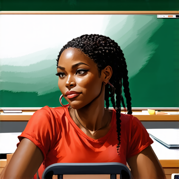 une institutrice noir agée de 50 ans avec des tresses africaines dans une salle de classe devant un tableau
