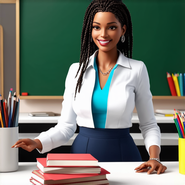 Une  institutrice africaine élégante de 50 ans avec des tresses africaines traditionnelles, vêtue d'un uniforme se tient debout devant un tableau noir dans une salle de classe lumineuse et bien rangée, souriante et prête à enseigner. Elle est entourée d'élèves noirs âgés de 10 ans et de fournitures scolaires typiques comme des livres, des cahiers et des crayons, accentuant son rôle d'éducatrice.