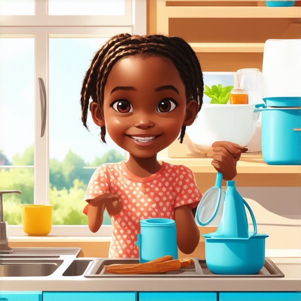 deux adolescents noirs de 14 ans vêtus de vêtements décontractés effectuant avec entrain des tâches ménagères dans une cuisine lumineuse et propre, leur petite sœur noire de 7 ans  tressés  à l'africaine les aidant joyeusement à ranger la vaisselle propre sur les étagères, fenêtre ouverte laissant entrer la lumière du jour