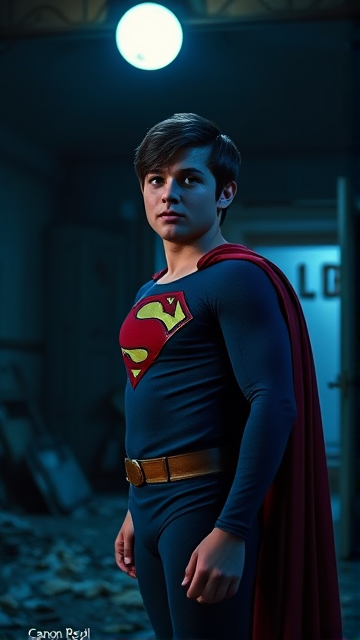 1990's Movie Scene: Jon Kent, AKA Superboy, the young little 12-year old super son of Superman, and the first kid to be born as the world's first Half-Kryptonian child, with an extremely muscular body, the iconic costume, the singular curled bang sticking out at the front of his flat and smooth hair, and a long cape, standing in an abandoned house at night, looking for clues to the mystery he is trying to solve.