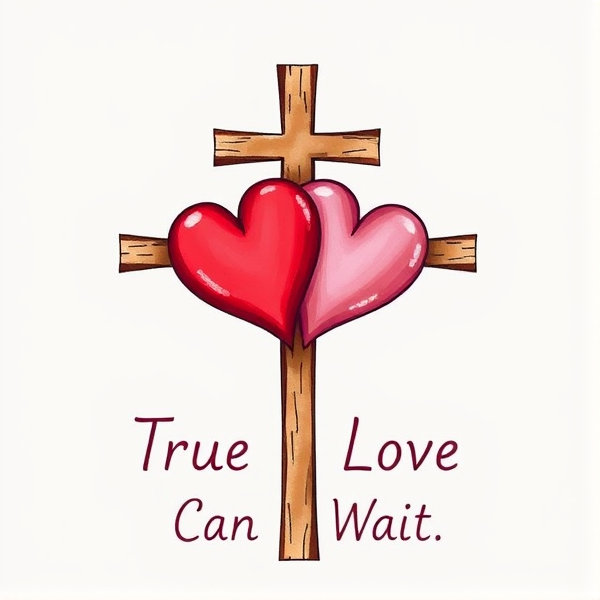 Two interlocking hearts surrounded by a Cross and the words: True Love Can Wait