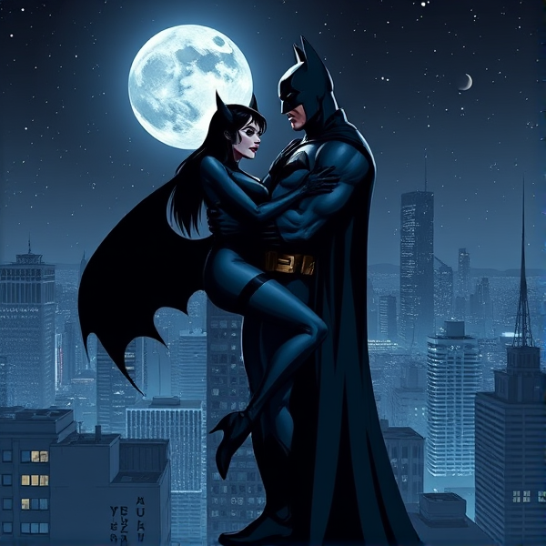 Batman tenant délicatement Catwoman dans ses bras, en posture romantique, perchés sur le toit d'un gratte-ciel la nuit, avec une lune pleine et brillante qui se découpe clairement dans le ciel étoilé