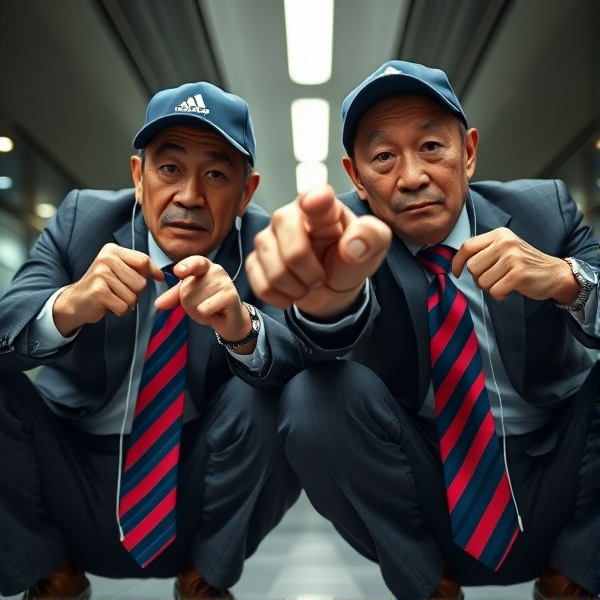 Deux  différents hommes d'affaires japonais puissants mature  accroupis et faché  portant des casquettes Adidas  et des cravates rayées longues  bleue rouge et oreillettes Apple 
Ils sont complices et conquérants , ils dominent 
 , accroupis pas trop et regard fort

Ils sont hypnotisant du regard , amis, complice , envoûtant , charismatique 
Ils se tiennent par les épaules , il fixent l objectif de la caméra,  faché pointing 

Vue contreplongée
Vue contreplongée 
Vue contre plongée