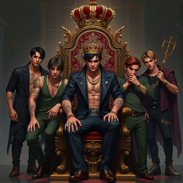 Seven young men personify the seven deadly sins in a symbolic tableau. In the center, Pride reigns supreme, seated on an ornate throne akin to that of a monarch, adorned with regal robes and a crown that glistens with gems. Wrath exudes menace, cloaked in a black leather jacket and matching pants, his skin etched with intricate tattoos and punctuated by metallic piercings. Greed flaunts opulence in designer attire dripping with jewelry; rings sparkle on every finger, complemented by a heavy gold chain around his neck. Envy assumes the guise of an enigmatic wanderer, casting covetous glances towards his companions while cloaked in subtle green tones. Gluttony presents a paradoxical figure: svelte yet dressed in snug-fitting clothes that speak to an endless hunger unsatisfied by mere physical sustenance. Lust smolders with sensual intent, garbed in provocative attire designed to tempt and tantalize, tongue lasciviously exposed. Lastly, Sloth embodies lethargy, slumped casually in oversized hoodie and sweatpants while listlessly rubbing weary eyes as if struggling against the pull of sleep