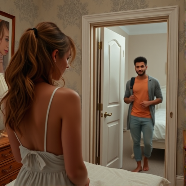 Lady looking at herself in her bedroom mirror. Her boyfriend watches her from the doorway.