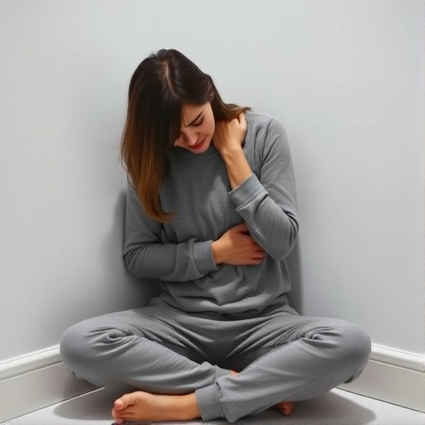 A heartbroken woman is seated in the corner of a minimalist white room, her posture collapsed into an embodiment of despair. She clutches her midsection with one arm for comfort, while her other hand grips her shoulder as if to hold herself together. Draped in a plain grey long-sleeve shirt and matching sweatpants, she exudes a sense of profound grief. Strands of hair fall before her face, hiding it and suggesting the intensity of her silent sobs. Her hands are balled into tight fists, the fabric of her shirt caught within her grasp. The stark room is dimly lit by a single light source directly above, casting somber shadows around her and highlighting the solitude of the scene
