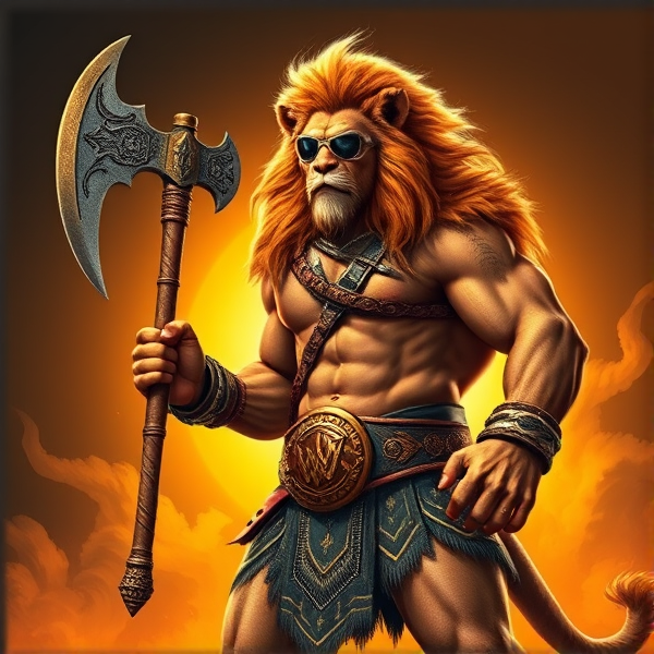 Un Lion barbare dieux du soleil une hache comme Léo escanor, avec des poils de lion et une carrure imposante et avec la ceinture de LA KNIGHT le catcheur et ces lunettes de soleil
