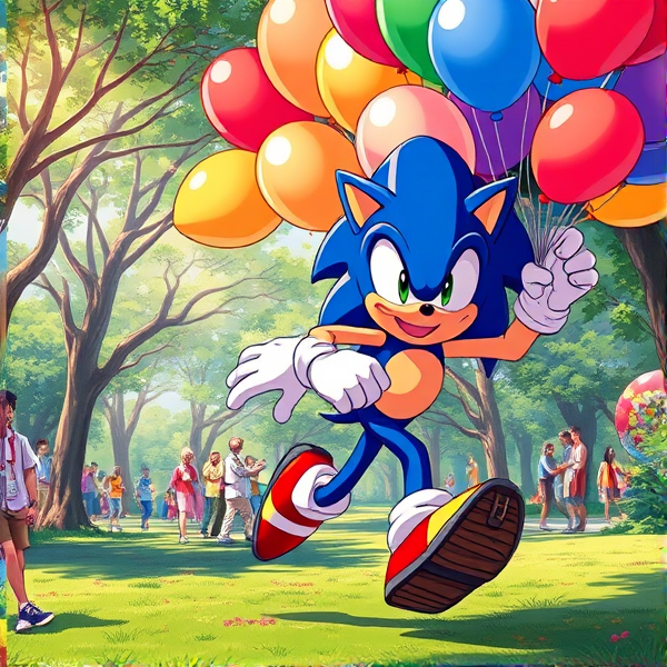 Sonic the Hedgehog captured mid-stride in a dynamic running pose, gripping a vivid collection of assorted balloons 500 each measuring 16 inches, amid a bustling park filled with activity and greenery, all illustrated in a richly saturated anime art style