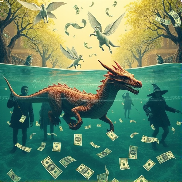 Swimming in a pool of money with dragon and fairy and witches and zombie and ufos and unicorn and money trees