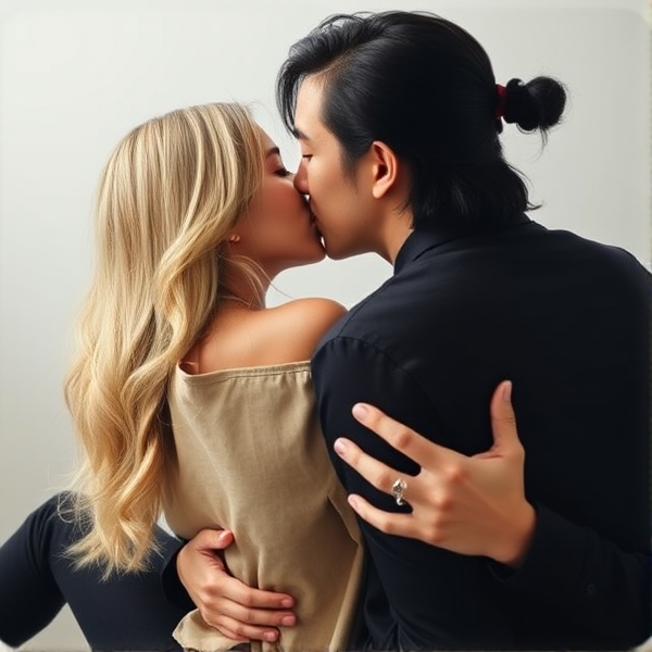 Intimate portrait of a Caucasian woman with flowing blonde hair and a man of East Asian descent in a tender embrace, where she is seated on his lap. She faces him while they share a passionate kiss. The man, sporting shoulder-length, wavy dark hair partially gathered into a half-bun, places his hands gently under her shirt on her lower back. Both individuals convey strong emotion and connection in this close-up scene.