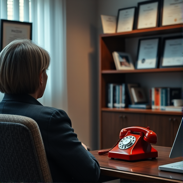 Un rendez-vous intime dans le bureau chaleureux et professionnel d'un psychologue, éclairé par une lumière douce avec des tons neutres, où l'on trouve un fauteuil confortable face au bureau du thérapeute. Sur le bureau se trouve un téléphone rouge vintage, évident mais pas central dans la scène, ajoutant une touche de couleur vive. Des étagères avec des livres de psychologie en arrière-plan et des diplômes encadrés sur le mur complètent l'atmosphère sérieuse et rassurante. Avec batman
