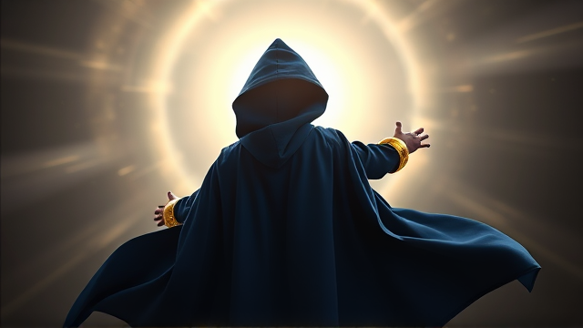Back angled view of a little boy disguised and transformed into a mysterious blackened and shadowy figure with superpowers wreathed in a big, heel-length, ultra-wide blue hooded cape, calling himself the Chosen One, only being seen by his hooded and caped backside, flying through an interdimensional vortex, with 50 magical golden Power Rings on his arms in front of him, 25 each covering them both. He soars through the air in the vortex with his cape billowing majestically, on his way back to Earth so he can confront the villain responsible for banishing him.