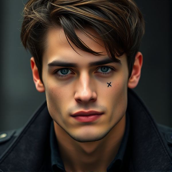cain slater. he is brunette with blue eyes and his hairstyle is similar to jason todd’s from the batfamily. he has a glasgow smile and two small X tattoos beneath his eyes. he is a fairly fit guy.