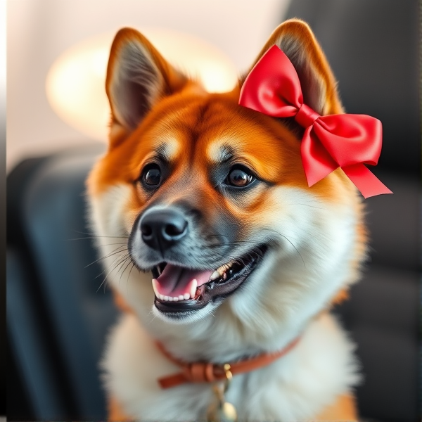 An Akita wearing a red bow on its right ear in a phone