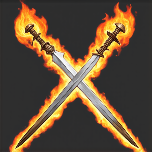 Trois épées croisées en leur centre et représentant chacune un élément, une de feu, une de terre, et une de vent . L'épée du milieu représentant l'élément du feu est placée verticalement. L'épée représentant l'element de la terre de manière féminine, elle est placée avec un angle 315 degrés par rapport à l'épée verticale représentant le feu. L'épée représentant l'élément du vent est placée 45 degrés par rapport à l'épée verticale représentant l'element du feu. Les épées sont de style médiéval européen et ont leur pommeau vers le haut. L'image doit être réaliste.