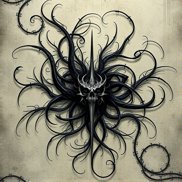 Surrealistic Asymmetrical, unique, simple shadowy extremely abstract detailed and textured flourish with thin spikes on barbed wire loosely wrapping around and dangling off of fading and eroded Chaotic Whirls, Ethereal Agoragoth Cyber-Emblems interlaced with Rococo and Baroque influences. Elongated, abstract, ghostly lines swirl off of ghostly eroded sigils emerge from a distressed cyber glitch calligraphy like design, where wispy threads roll off and intersect in a harmonious clash of layered forms. Sharp, sinuous curves entwine with erratic glitch patterns, manifesting a cyber grunge aesthetic that evokes a haunted yet mesmerizing atmosphere. creating a vivid juxtaposition of ancient elegance and futuristic decay.