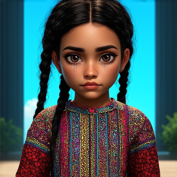 prompt: Une jeune fille de huit ans avec des tresses africaines noires, les yeux embués de larmes, l'expression triste et émotive, vêtue d'une robe colorée style ethnique, dans un cadre lumineux mais doux