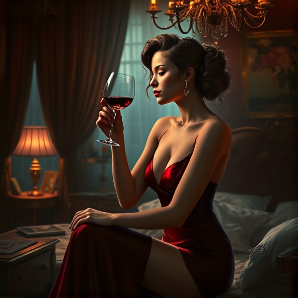 Elegant figure of a lady sipping wine, tastefully posed in a dimly lit, vintage bedroom ambiance with soft shadows and sophisticated decor