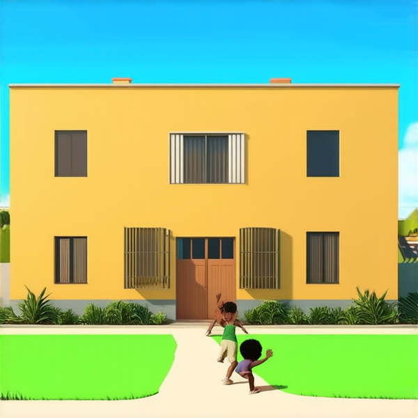 bâtiment d'une école primaire typique au gabon avec des enfants noirs jouant dans la cour, sous un ciel bleu clair