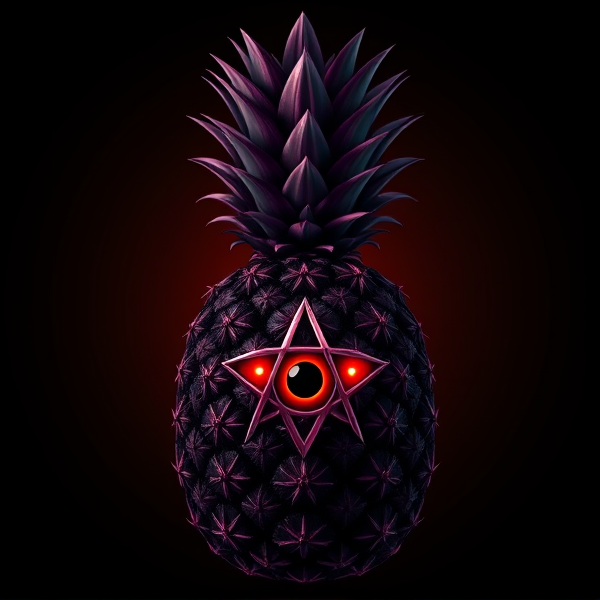 Conception d'un logo luxueux avec un ananas aux dégradés subtils d'orange, de jaune et de rose. Le fruit adopte un style gothique sombre et théâtral pour une ambiance mystérieuse et majestueuse. L'ananas est orné de motifs victoriens complexes et fins, intégrant des symboles ésotériques tels que le pentacle et l’œil d'Horus avec une grande précision dans les détails. La texture évoque du cuir noir haut de gamme, rehaussée par des épines finement sculptées qui renforcent l'aspect intimidant du design. Des yeux incrustés sur le fruit brillent d'une lumière rougeâtre profonde, conférant au logo une aura envoûtante et menaçante. L'esthétique globale doit capturer l'élégance mystérieuse de la période victorienne avec des touches occultes subtiles pour séduire un public cultivé et raffiné.