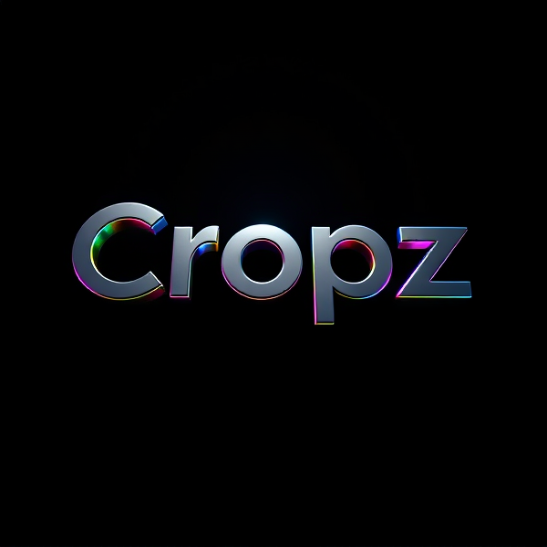 Highly detailed, high-contrast 3D logo with the text "Cropz" emerges in bold relief against an inky black background. The logo is designed with a futuristic flair using a bold, sans-serif font that seems to leap forward from the darkness. This dynamic interplay of light and shadow is achieved by a concentrated circular beam of light that casts dramatic, sharp shadows across the logo's surface, emphasizing its sleek futuristic curves. A reflective metallic finish adorns the logo, which cleverly interacts with the illuminating light to reveal a prismatic array of vibrant colors featuring intense gradation, creating an effect of lifelike depth akin to the high-quality animations seen in Pixar films. The logo boasts an impeccable crispness and geometric precision in its rendering that calls to mind the sophisticated visual effects produced by state-of-the-art rendering software such as Unreal Engine, Octane Render, and V-Ray. An exaggerated and surreal atmosphere pervades the design, incorporating science fiction elements while being engineered to evoke excitement and pique curiosity through neuromarketing principles.
