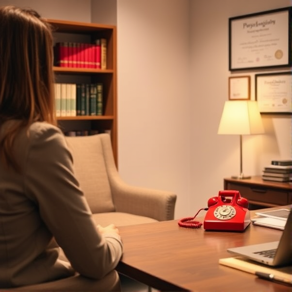 Un rendez-vous intime dans le bureau chaleureux et professionnel d'un psychologue, éclairé par une lumière douce avec des tons neutres, où l'on trouve un fauteuil confortable face au bureau du thérapeute. Sur le bureau se trouve un téléphone rouge vintage, évident mais pas central dans la scène, ajoutant une touche de couleur vive. Des étagères avec des livres de psychologie en arrière-plan et des diplômes encadrés sur le mur complètent l'atmosphère sérieuse et rassurante.