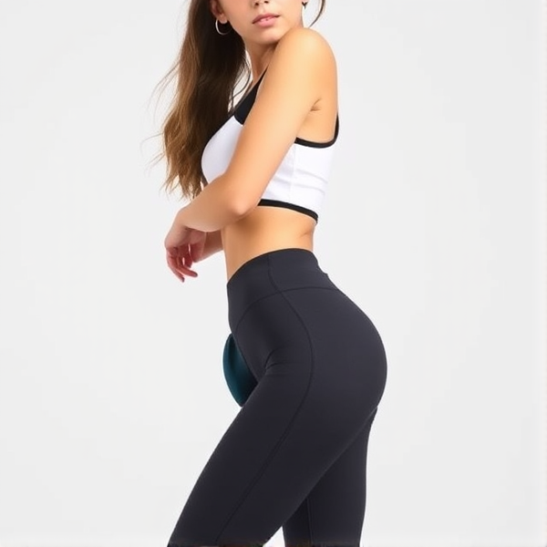 Trendy teenage girl with a fit, hourglass silhouette showcasing strong, athletic thighs. She's wearing stylish high-waisted leggings and a chic crop top that accentuate her fashion sense. Her posture is elegant and self-assured, exuding the energetic spirit of youth