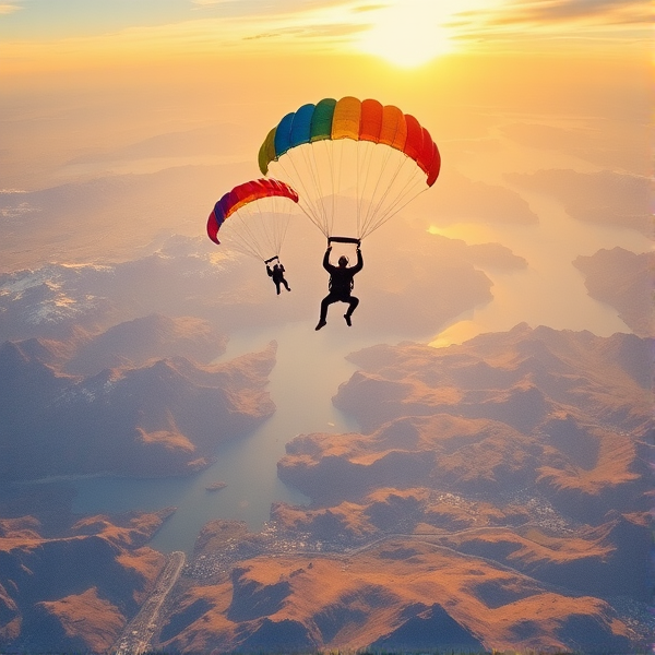 Aquarelle détaillée avec texture fine montrant des parachutistes en chute libre, leurs parachutes multicolores pleinement ouverts, flottant au-dessus d'un paysage époustouflant. Vue aérienne panoramique incluant des montagnes majestueuses, des lacs étincelants en contrebas, et le tout enveloppé dans la lumière dorée et chatoyante du soleil couchant qui illumine le ciel de nuances vibrantes
