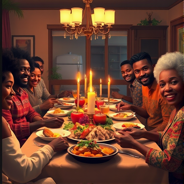 repas chaleureux d'une grande famille afro-américaine réunie autour d'une table festive, sourires et complicité, cuisine traditionnelle, intérieur accueillant