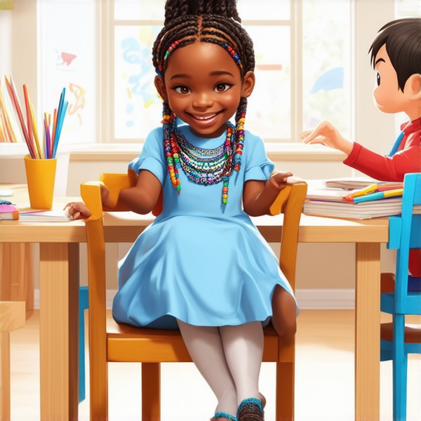 Jeune fille africaine de 8 ans joyeuse, vêtue d'une robe couleur bleu ciel, ornée de motifs traditionnels, portant des tresses africaines complexes agrémentées de perles multicolores. Son sourire est large et éclatant. Elle est assise sur une chaise conçue pour enfant, face à un bureau en bois clair dans une salle de classe baignée de lumière naturelle. L'ambiance est chaleureuse avec des murs décorés de dessins colorés et des fournitures scolaires éparpillées. En arrière-plan, on aperçoit distinctement un enseignant interagissant avec les élèves.