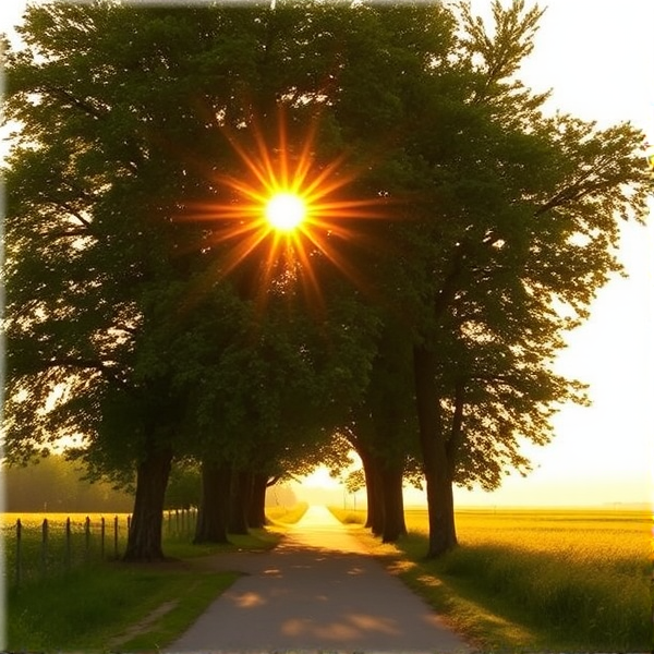 Warm golden sunlight gently illuminating a serene path flanked by three lush, mature trees with a soft yellow sky backdrop