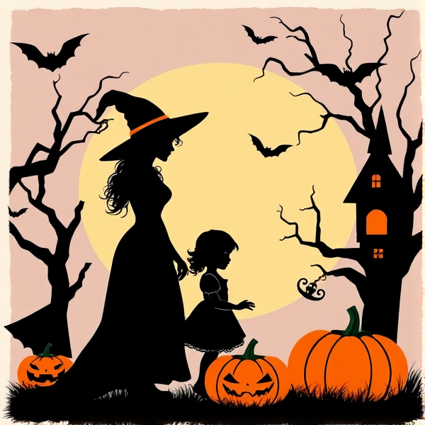 Halloween witch family silhouettes and pumpkins with room to add text to the image that looks like vintage art with lots of space above