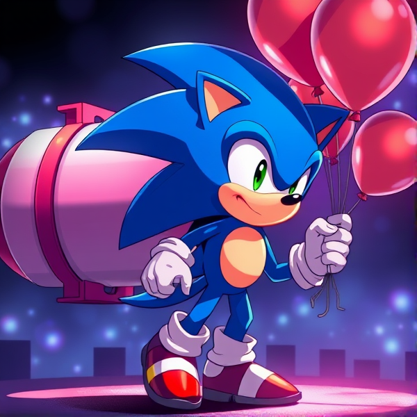 Sonic the Hedgehog with a helium tank and balloons