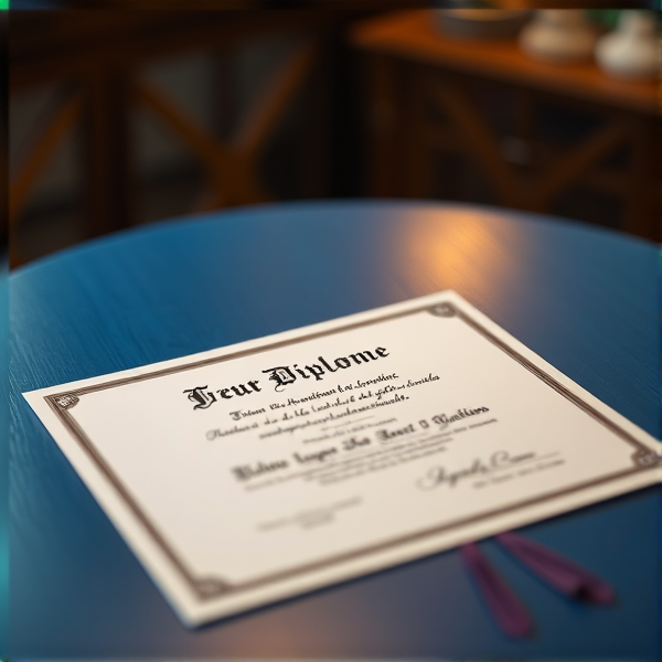 Diplôme écrit en français posé sur une table  bleue