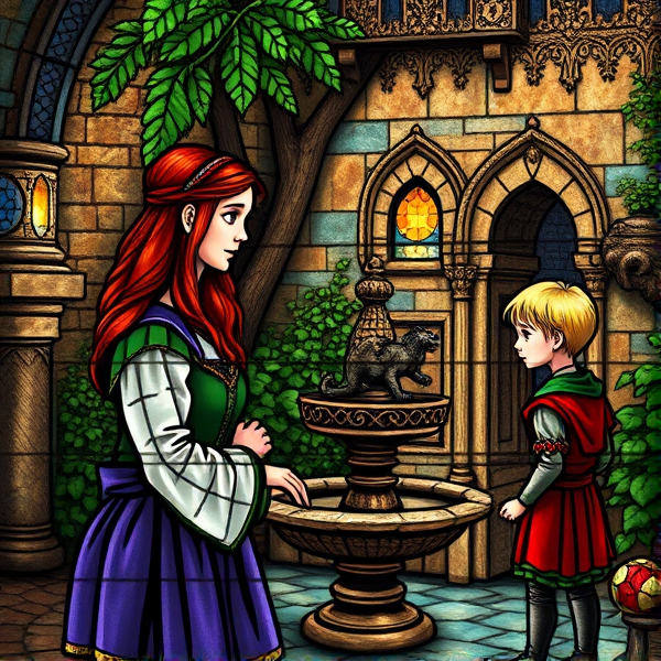 Medieval stained glass of a Brown haired medieval servant girl, and a Red haired young teenage Arthurian princess, and a young blonde haired medieval gardener boy visit a secret medieval Arthurian Garden with a fountain that has lion and dragon carvings