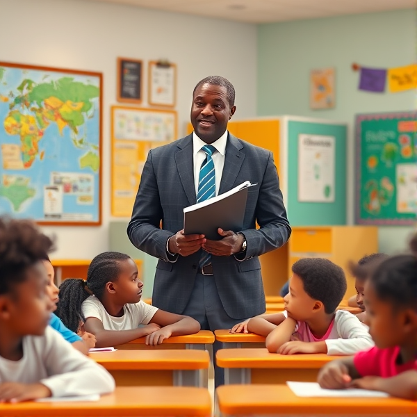 Directeur d'école afro-américain debout tenant un classeur dans ses mains portant un costume formel, dans une salle de classe lumineuse et colorée, s'adressant avec bienveillance à un groupe d'élèves afro-américaines attentives de huit ans assises à leurs pupitres. Ils sont entourés de matériel pédagogique adapté à leur âge, comme des cartes géographiques, des affiches éducatives et des dessins d'enfants accrochés aux murs. La scène dégage une atmosphère chaleureuse et encourageante.