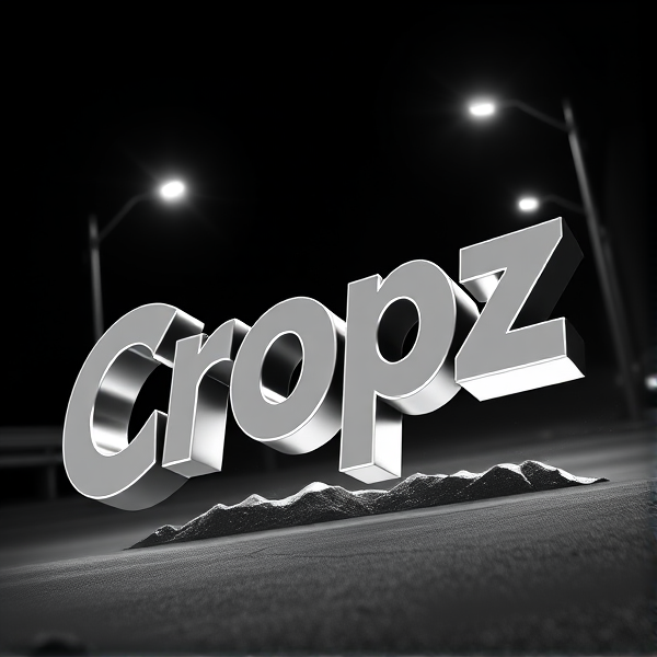 A highly detailed, high-contrast black and white 3D logo featuring the stylish, sans-serif, bold font word "Cropz" jumping out of a dark background, illuminated by a dramatic ring light that accentuates the model's curved, futuristic edges and smooth, metallic surfaces, evoking a sense of excitement and dynamism, rendered in a vivid, vibrant, high-gradation style reminiscent of Pixar animation, with crisp, sharp lines and geometric shapes, created using the powerful tools of Unreal Engine, Octane Engine, and V-Ray, with an overall aesthetic that is exaggerated, surreal, and eye-catching, taking inspiration from sci-fi and futuristic design.