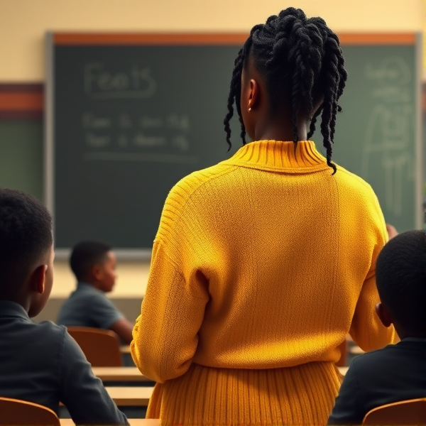 Une enseignante noire âgée de quarante ans coiffée de tresses africaines traditionnelles, portant un pull jaune  se tient le dos tourné en train d'y écrire à la craie blanche au tableau dans une salle de classe avec des élèves noires agés de huit ans.