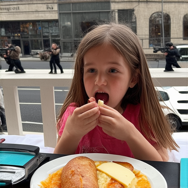 Dessine une jeune fille qui mange sur son balcon , brune cheveux long fine qui engloutit une raclette, on doit voir l’appareil à raclette sur la table et une assiette avec une pomme de terre ronde et du fromage dessus derrière elle on voit deux voitures dans la rué derrière elle avec les personne qui se tire dessus on voit les bras sortir avec le pistolet à la main, fait une image plus éloigné