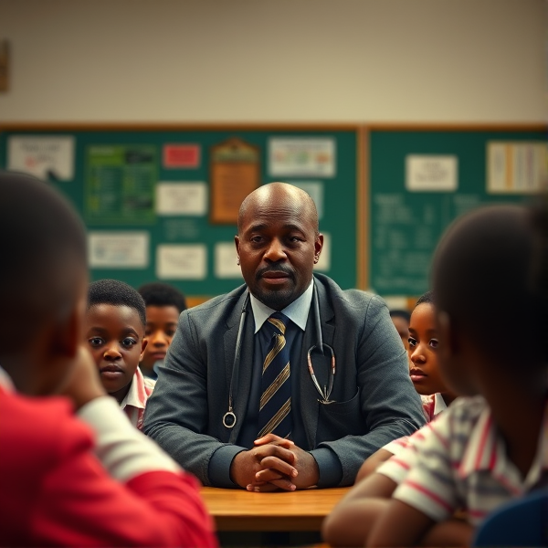Un directeur d'école noire dans une salle de classe s'adresse à des élèves noires agés de huit ans