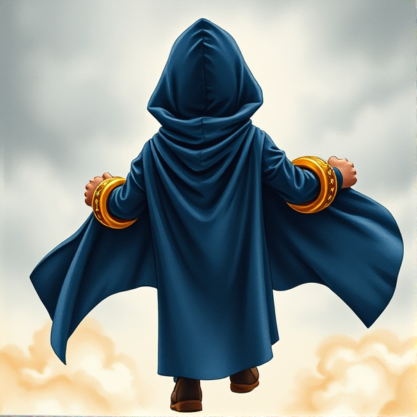 Back angled view of a little boy disguised and transformed into a mysterious blackened and shadowy figure with superpowers wreathed in a big, heel-length, ultra-wide blue hooded cape, calling himself the Chosen One, only being seen by his hooded and caped backside, with 50 magical golden Power Rings on his arms in front of him, 25 each covering them both. This little boy turned mysterious cloaked figure is seen flying fast as he soars through the air as he emerges from a portal with his cape billowing majestically, ramming himself fists-first into the midsection of the villain responsible for banishing him.