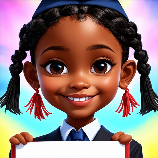 jeune fille noire de huit ans avec des tresses africaines traditionnelles, habillée élégamment pour une cérémonie de remise de diplôme, tenant son certificat, souriante et fière