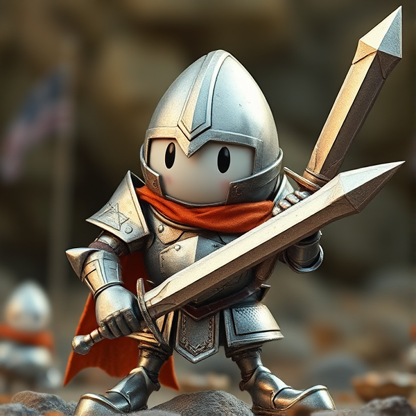 Egg in suit of armor with sword