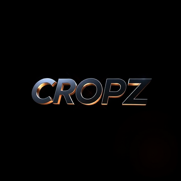 Highly detailed, high-contrast 3D logo of "CROPZ" designed in a sleek, stylish sans-serif and bold font, dynamically leaping from a pitch-black backdrop with intense and strategic illumination by the Capcut app logo. The logo features futuristic curves that are both sharp and fluid, exhibiting smooth metallic surfaces that reflect light, creating a sense of excitement and dynamism. Rendered to exhibit a rich and vivid Pixar-animation style characterized by crisp lines, pronounced geometric shapes, with an emphasis on vibrant color palettes and glossy finishes. Utilization of advanced rendering techniques inspired by Unreal Engine's realism, Octane Engine's lightning-fast ray tracing abilities, and V-Ray's global illumination for heightened visual impact. The overall aesthetic is amplified to be exaggeratedly surreal with a sci-fi inspiration that is strikingly eye-catching without any trace of subtlety or minimalism