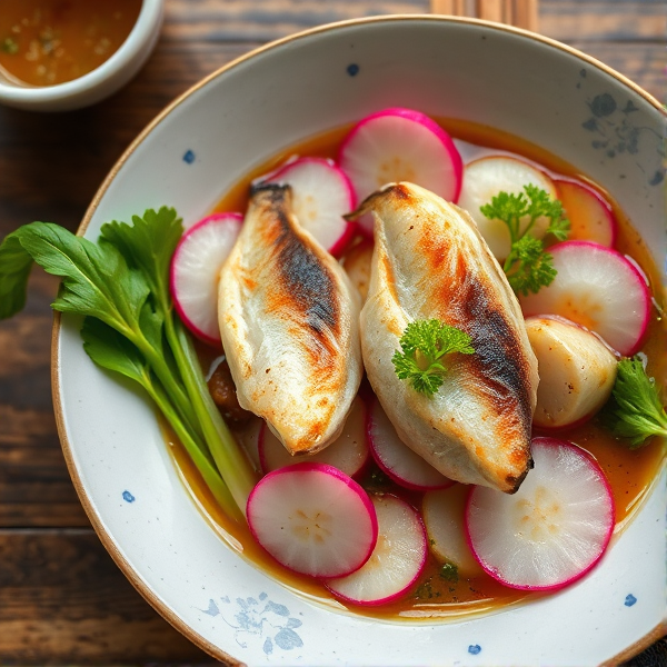 Un plat traditionnel composé de radis et de poissons. Il y a un peu de bouillon avec en guise de sauce