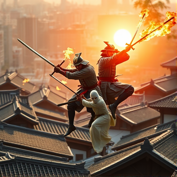 Three Japanese samurai with flaming swords jumping over roofs in a Japanese village chasing a white ninja in the bright sun