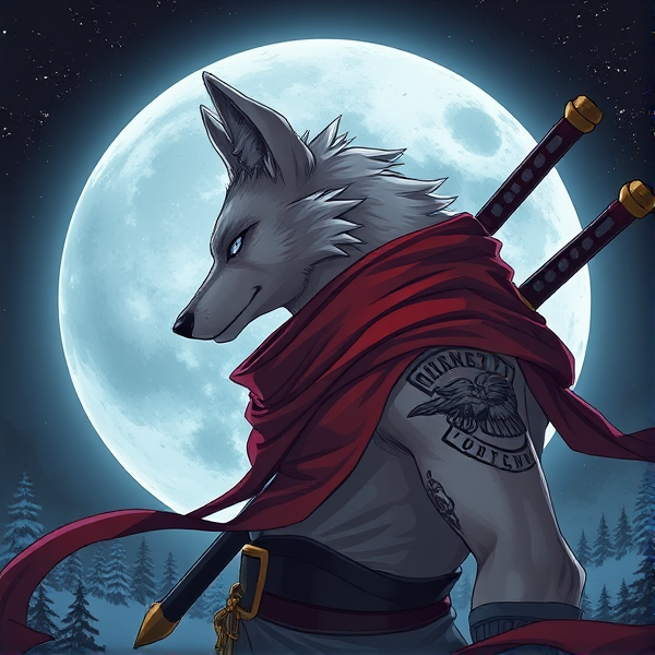 Loup roublard maitre de la lune avec un écharpe rouge autours du cou et avec deux épées dans le dos et un tatoo sur le bras